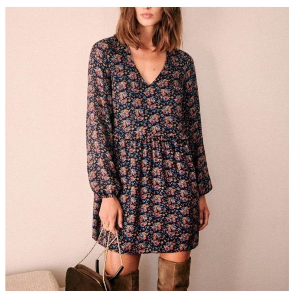 Sezane‎ Navy Floral Penelope Ocher Silk  V Neck  Mini Dress Size 40 EUC